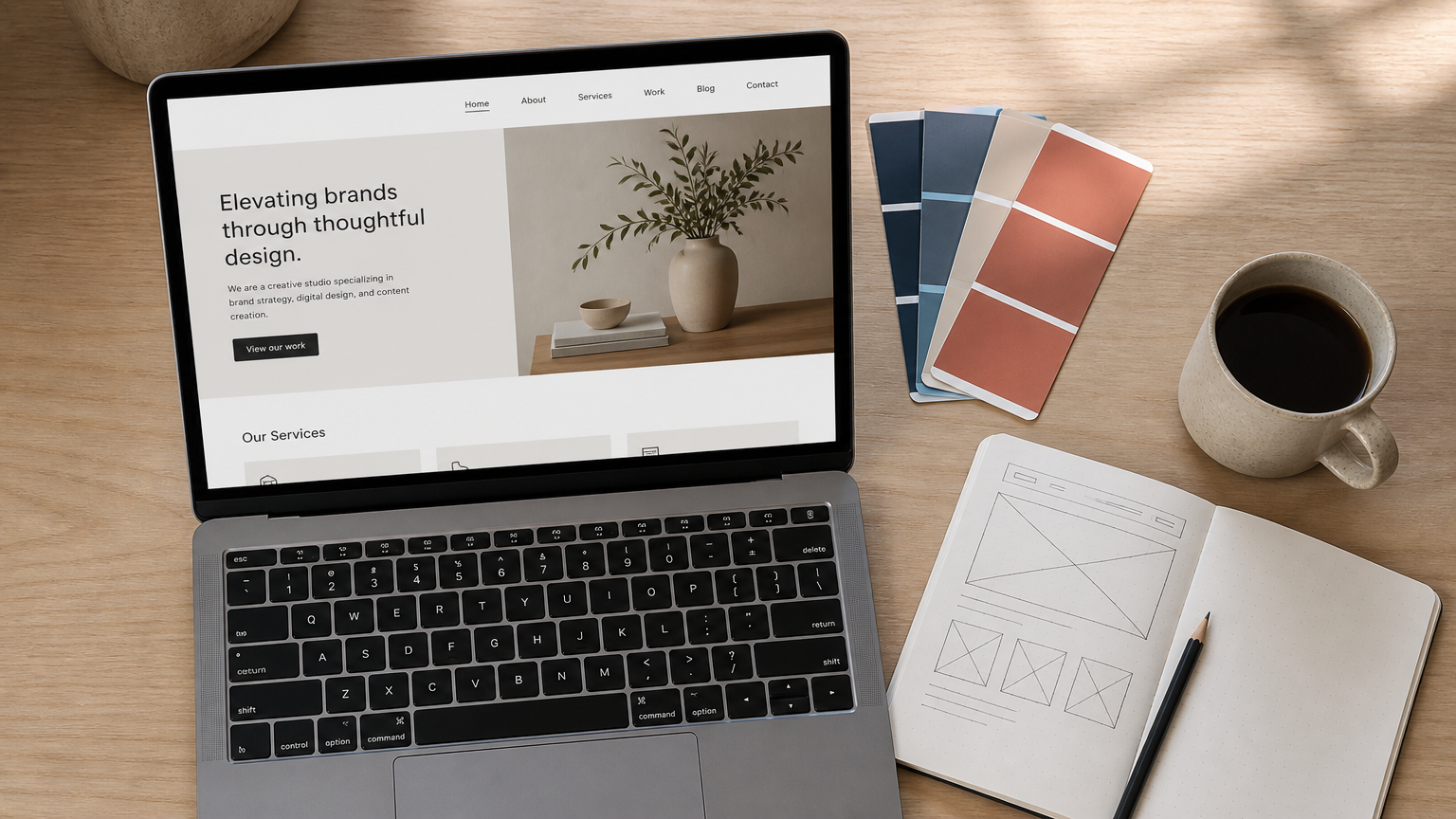 A designer's desk with a laptop showing a website layout, colour swatches and a notebook, styled as a clean editorial flat lay