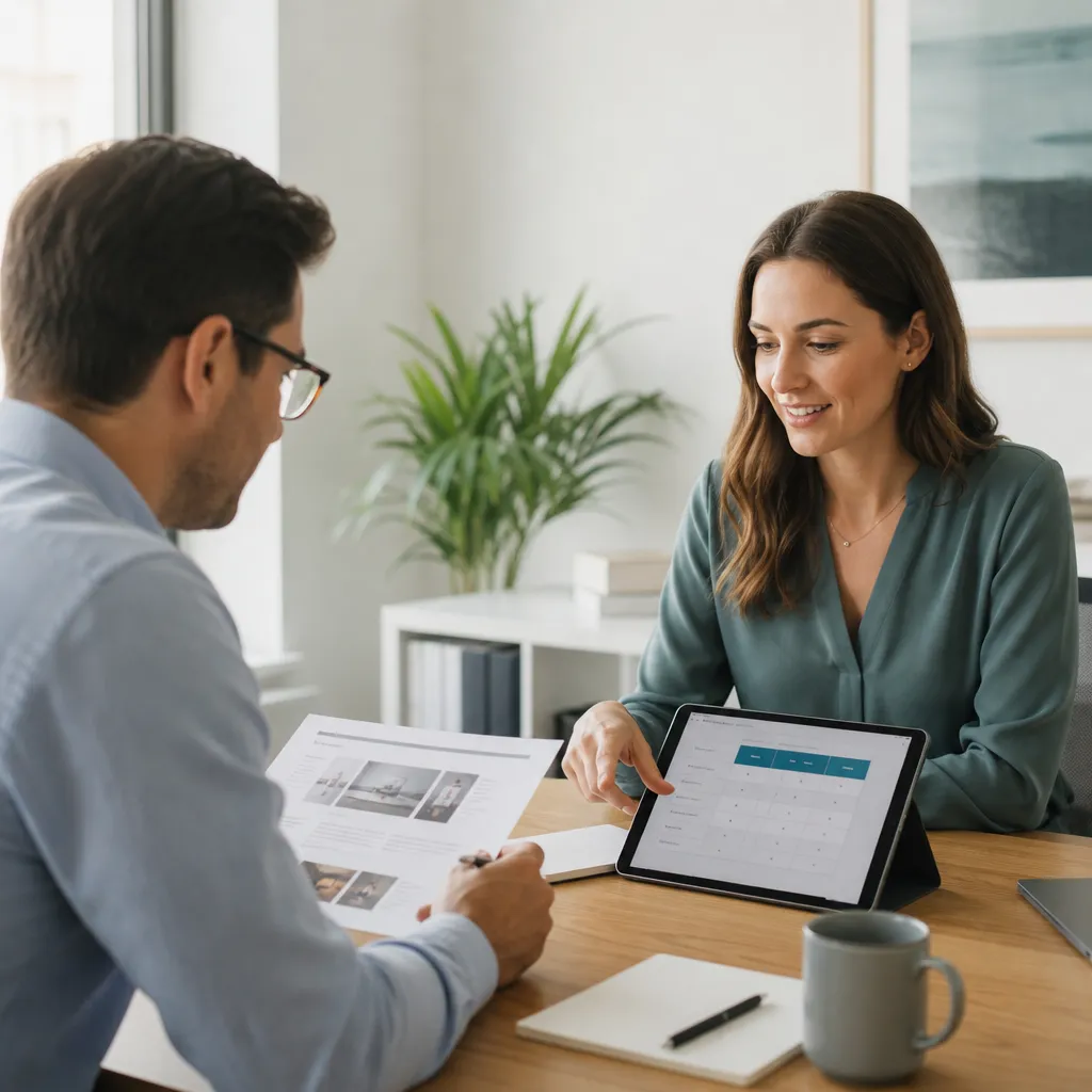 Two people at a desk comparing a printed website quote against a pricing chart on a tablet