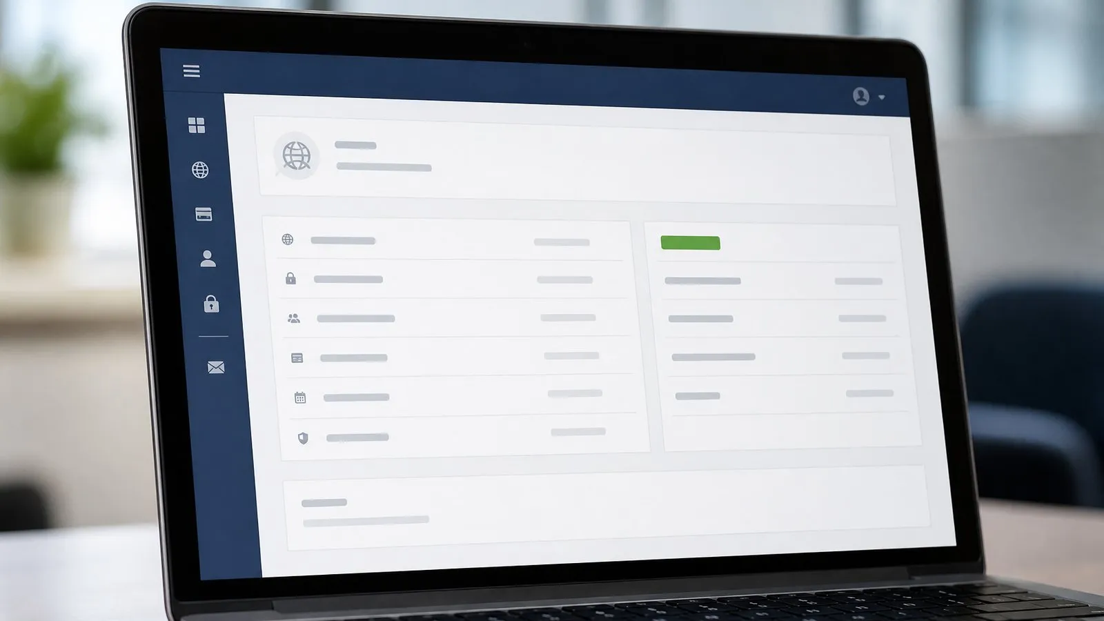 A laptop screen showing a domain registrar account with a list of settings and a status indicator