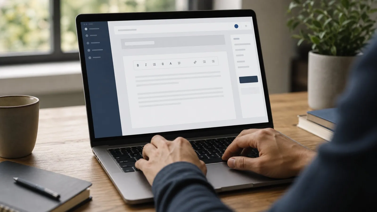 Someone typing on a laptop with a simple website content editor open on screen