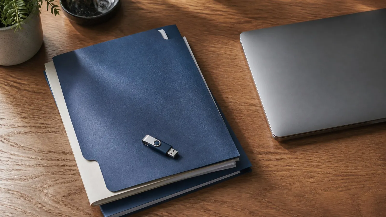 A folder of documents and a USB drive on a desk beside a closed laptop