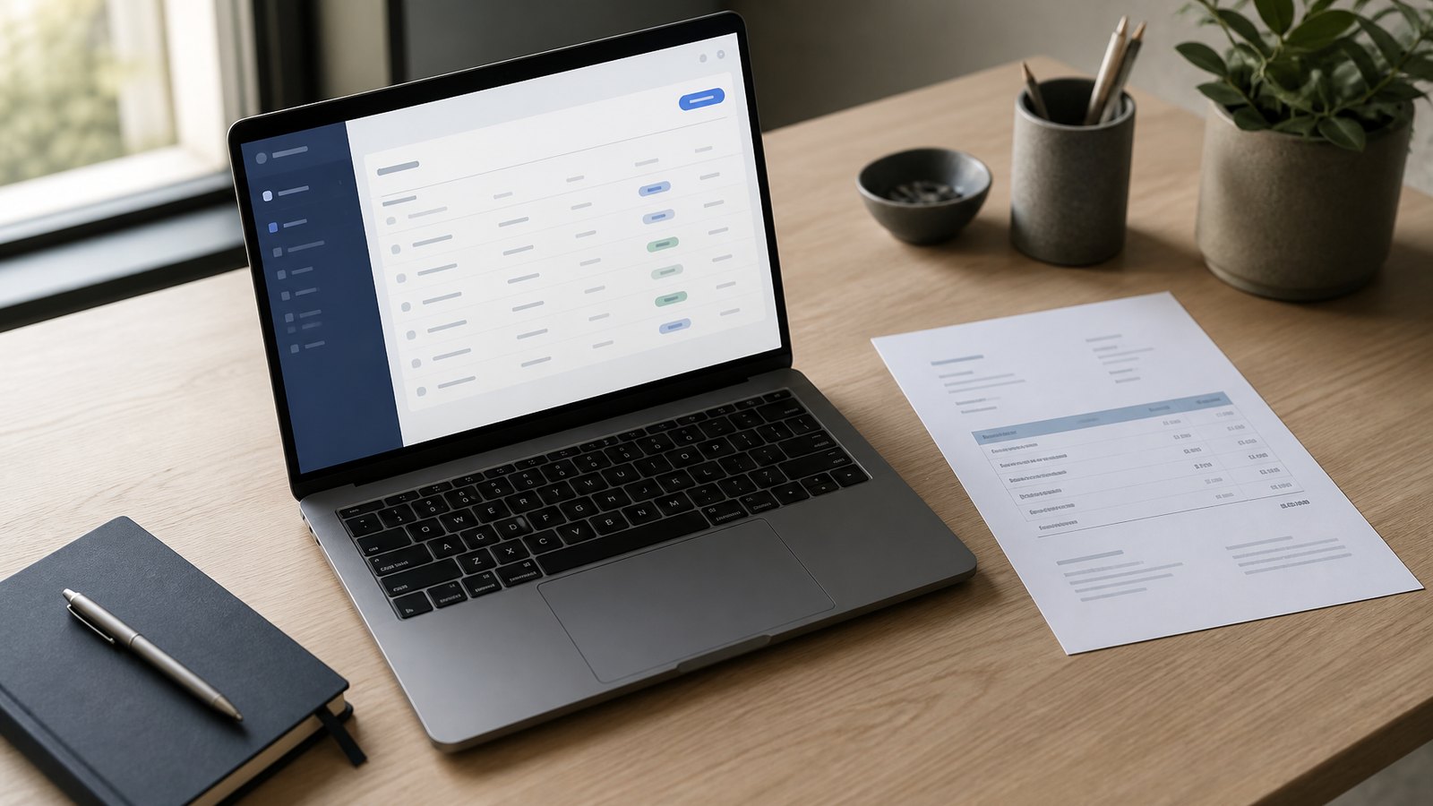 A laptop on a desk showing a domain registrar account panel, with a printed hosting invoice beside it
