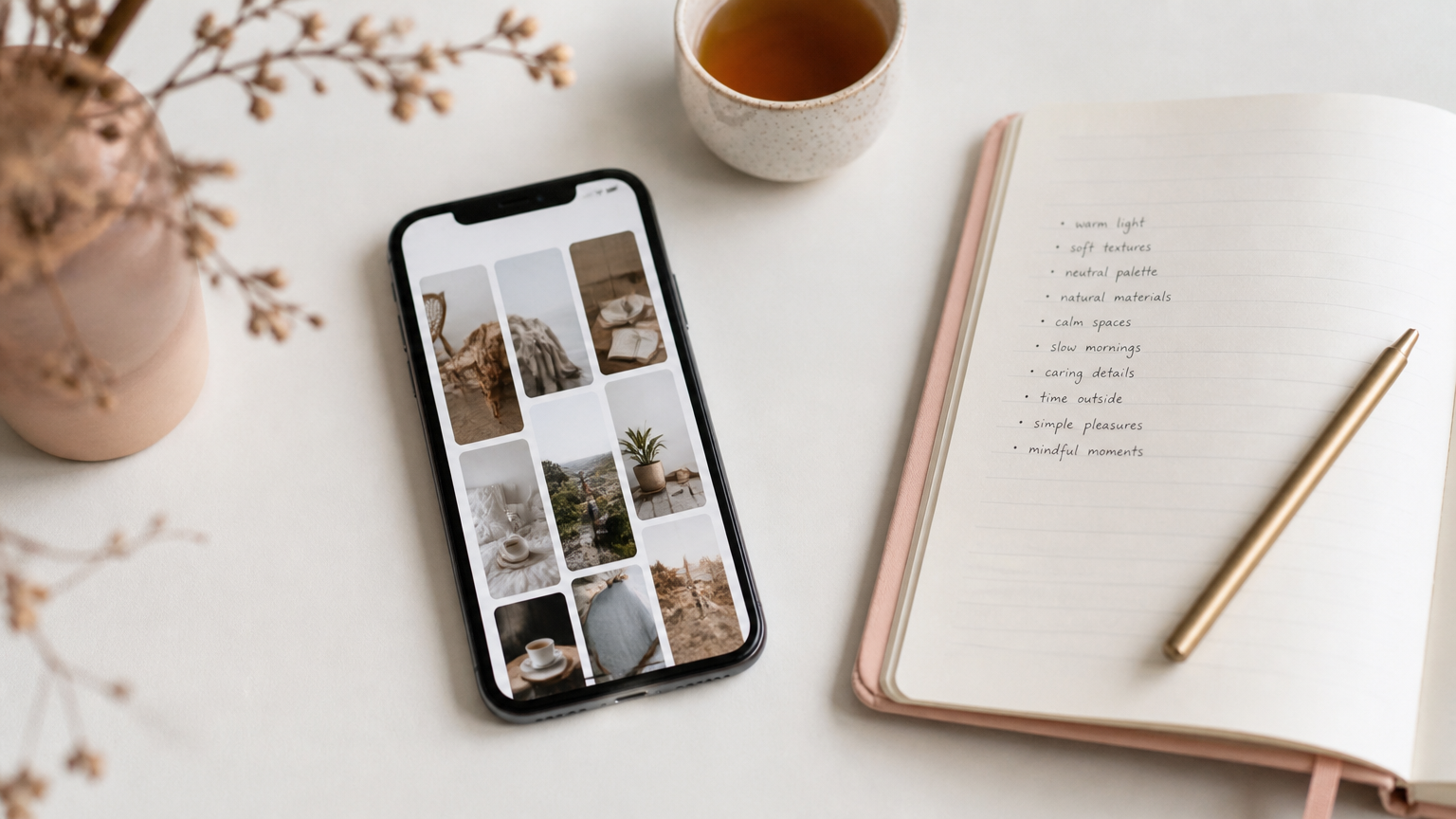 A phone showing a Pinterest-style grid of vertical images beside a notebook of keyword notes on a bright desk